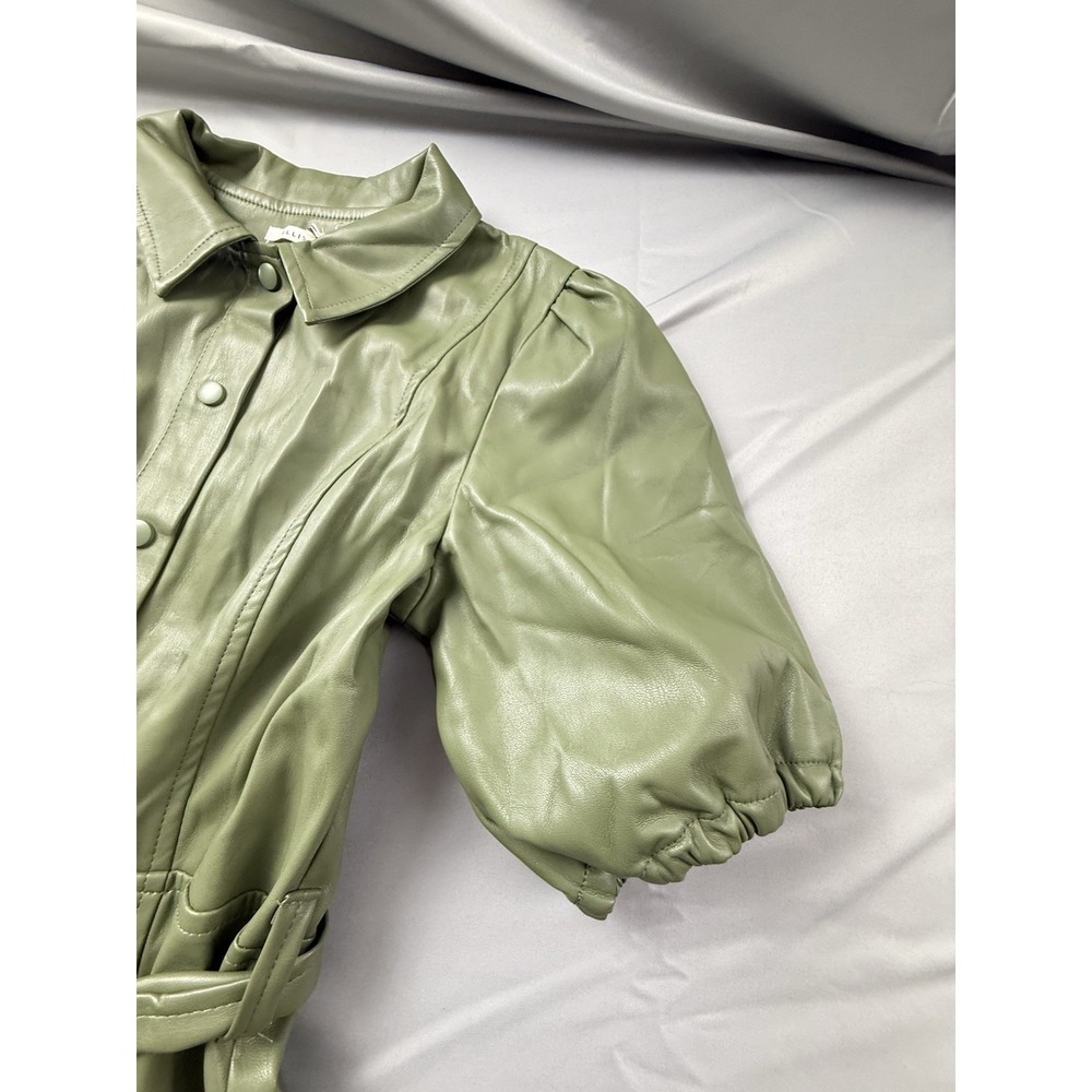 Ellison‎ Faux Leather Dress Sage Green Belted Puff Sleeve Quiet Luxury - Picture 2 of 16